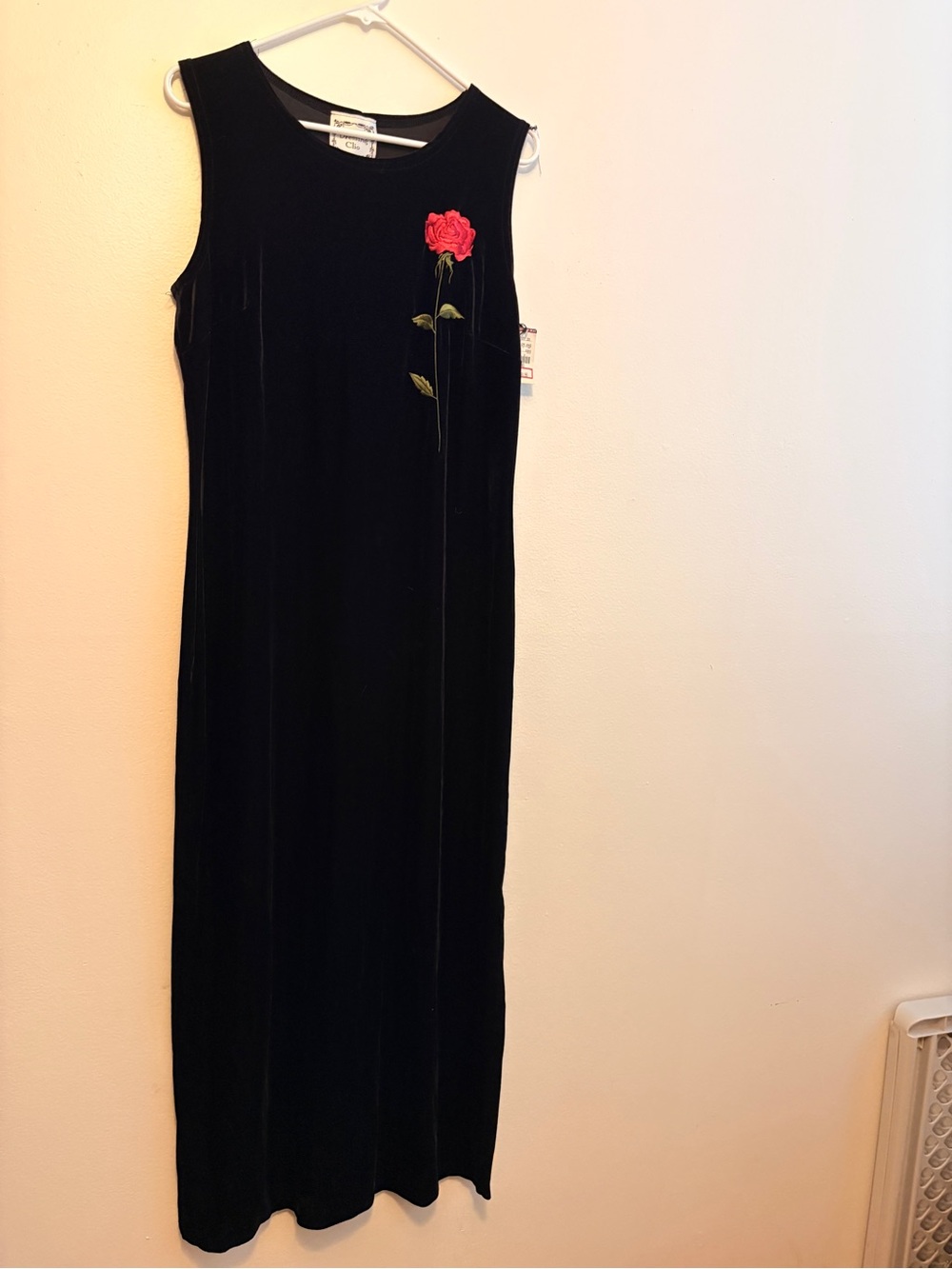 Clio Black Velvet Maxi Dress with Red Rose Embroidery